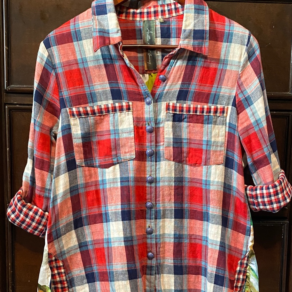 Aratta Multicolor Plaid Shirt with Floral Draped Back and Teal Buttons